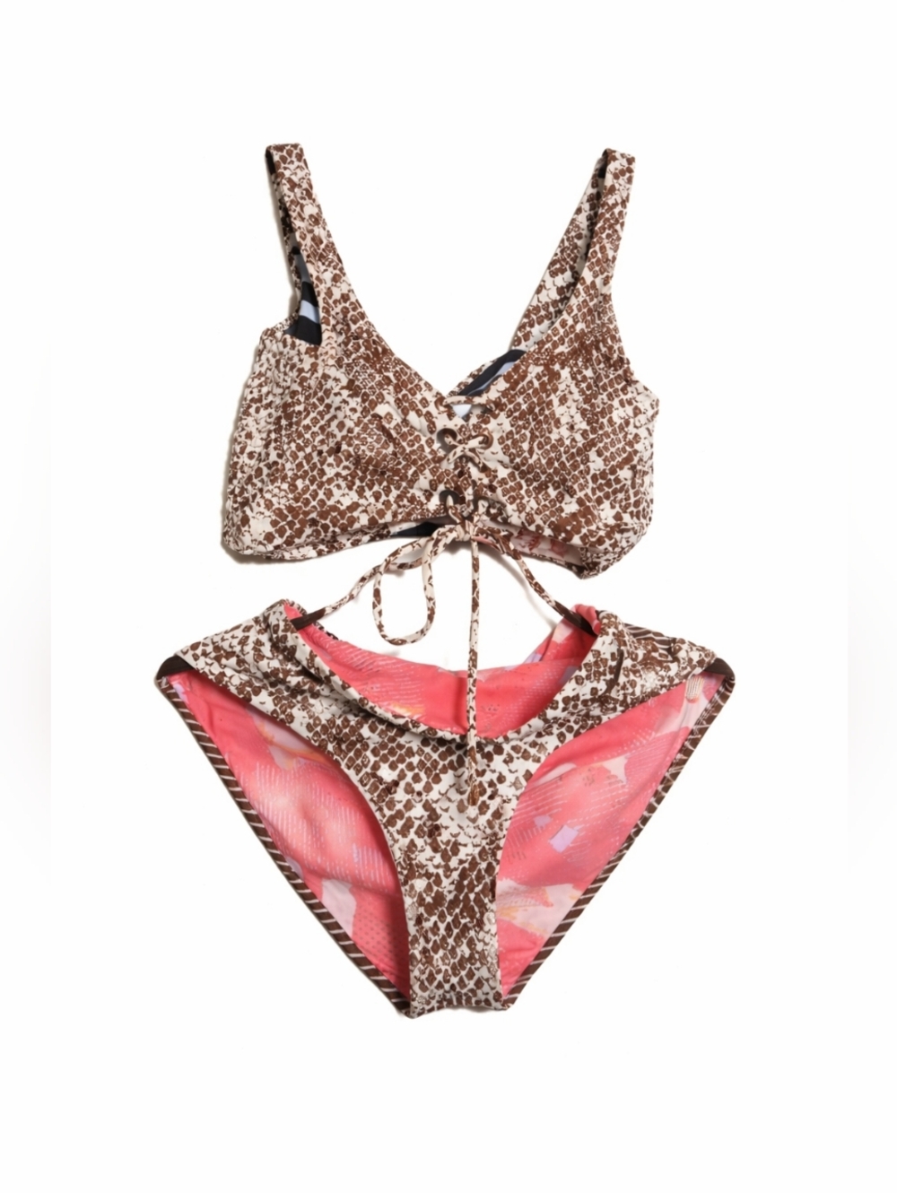 Maaji Reversible Bikini Set Brown Snakeskin Pink Tropical Size Xl